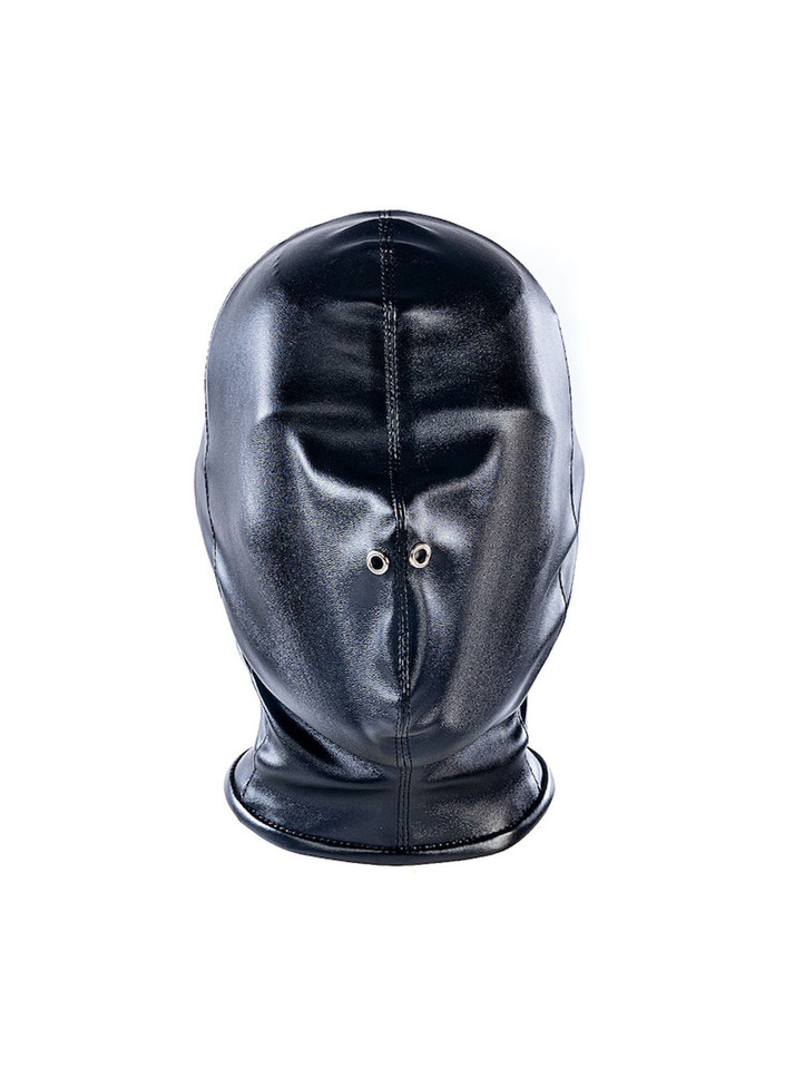 Front view of black sensory deprivation hood covering the eyes and mouth with two nose holes