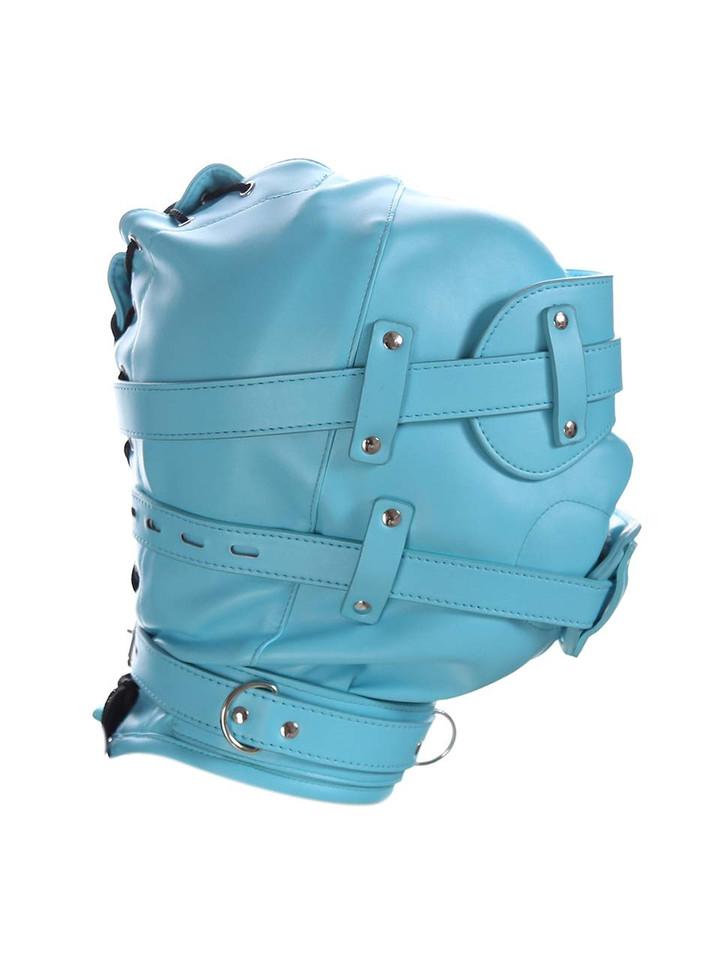 Blue full faux leather bondage hood with blindfold, mouth restraint, neck strap and metal D-rings