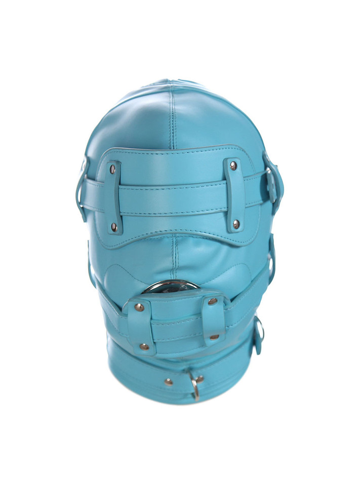 Front view of blue Dominion full hood with detachable blindfold and reinforced mouth opening