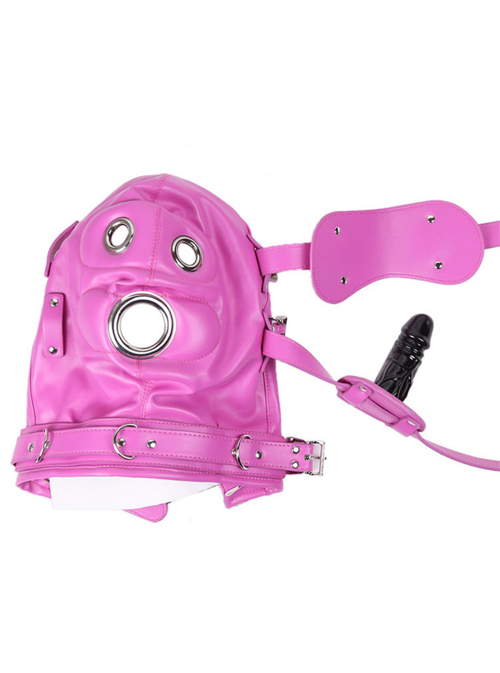 Pink full hood laid open with detachable blindfold and penis-shaped gag attachment