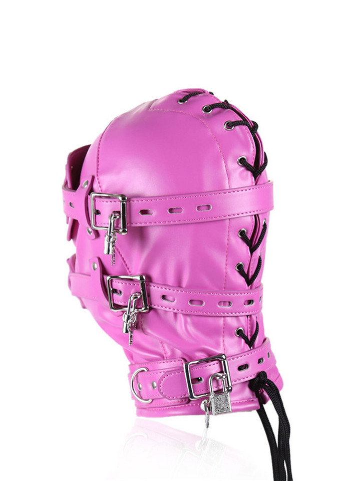 Rear view of pink faux leather full hood with adjustable lacing and three lockable buckle straps