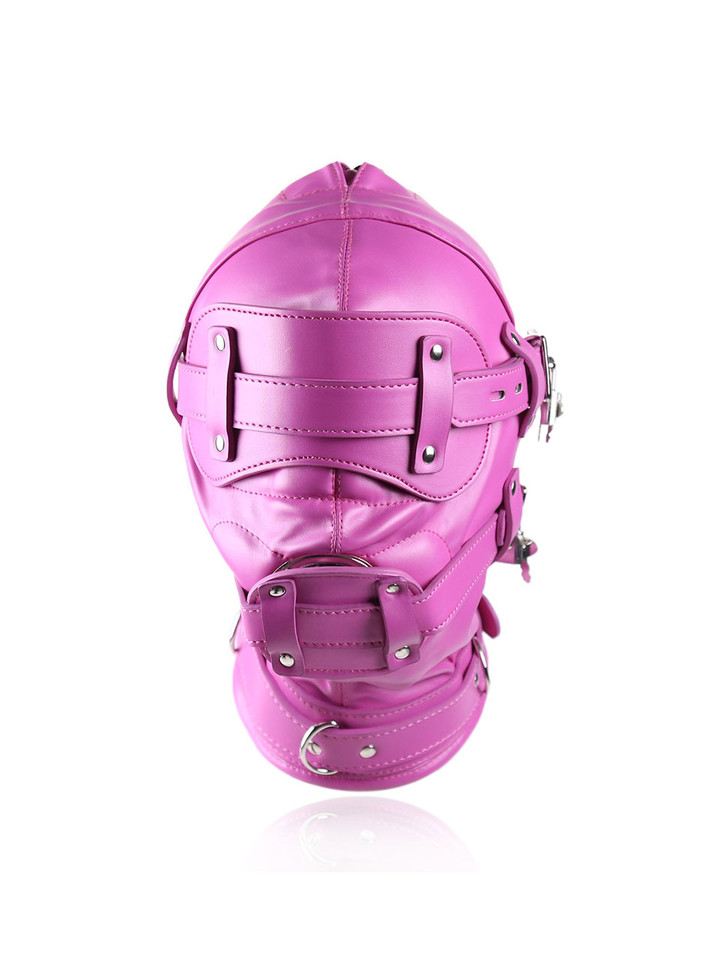 Front view of pink bondage hood with secured blindfold, reinforced mouth opening and lockable neck strap