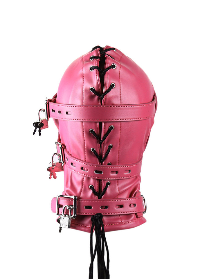 Rear view of rose lockable gimp hood showing adjustable lacing, buckle straps and padlocks
