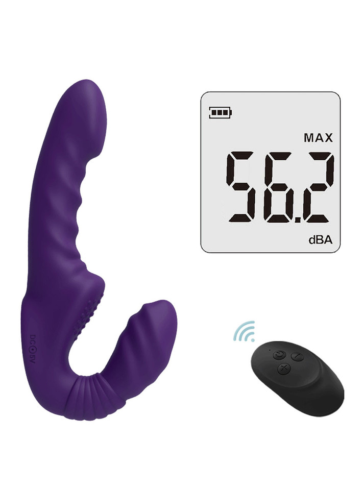 Purple remote control vibrator with included black wireless remote and low-noise 56.2 dBA design