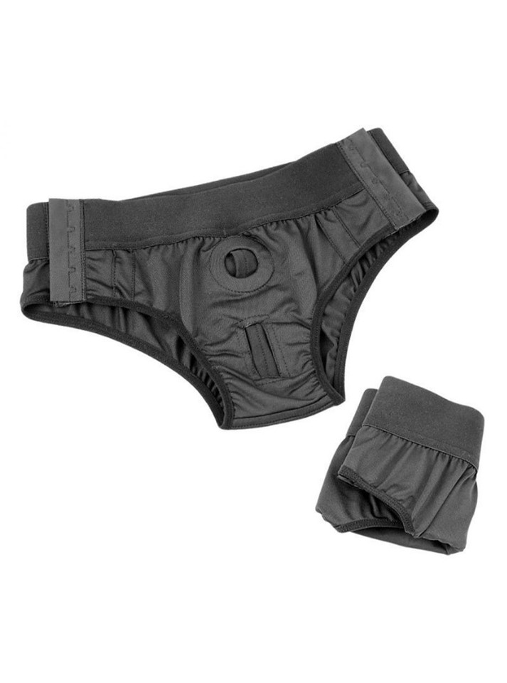 Black one-size compatible strap-on panty designed for the double penetration vibrator