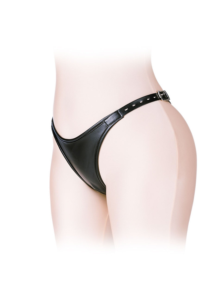 Side view of black faux leather dual dildo thong with adjustable waist buckle and smooth front panel.