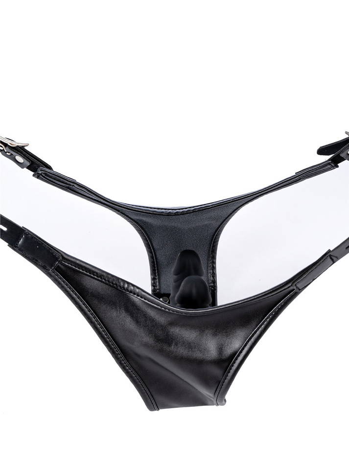 Interior view of the dual dildo thong with the faux leather outer panel lifted above both silicone shafts.