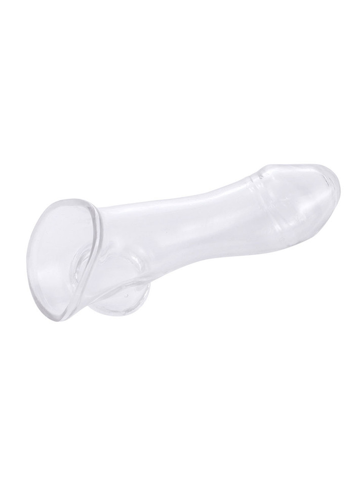 Crystal Clear smooth curved penis sleeve shown from an angled rear view with flared base