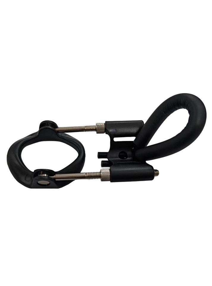 Heavy-duty black and silver penis stretcher device angled to show base ring and adjustment screws