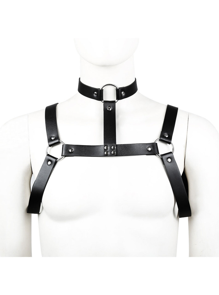 Black open chest leather harness displayed on a mannequin from the front