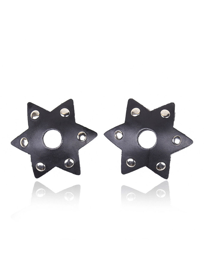 Pair of black faux leather open nipple pasties displayed on a white background.