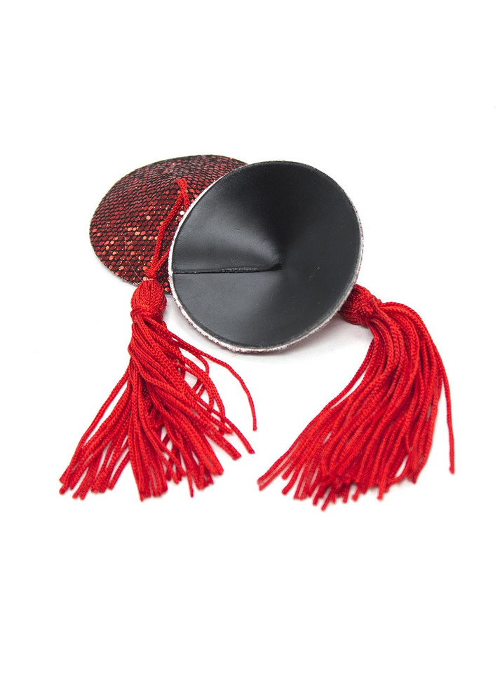 Front and self-adhesive back views of red sparkling nipple pasties with red tassels.