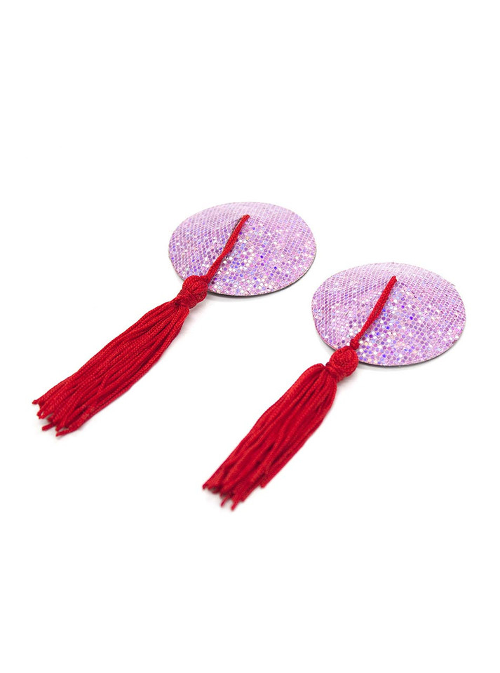 Pink sparkling round nipple pasties with long red tassels.