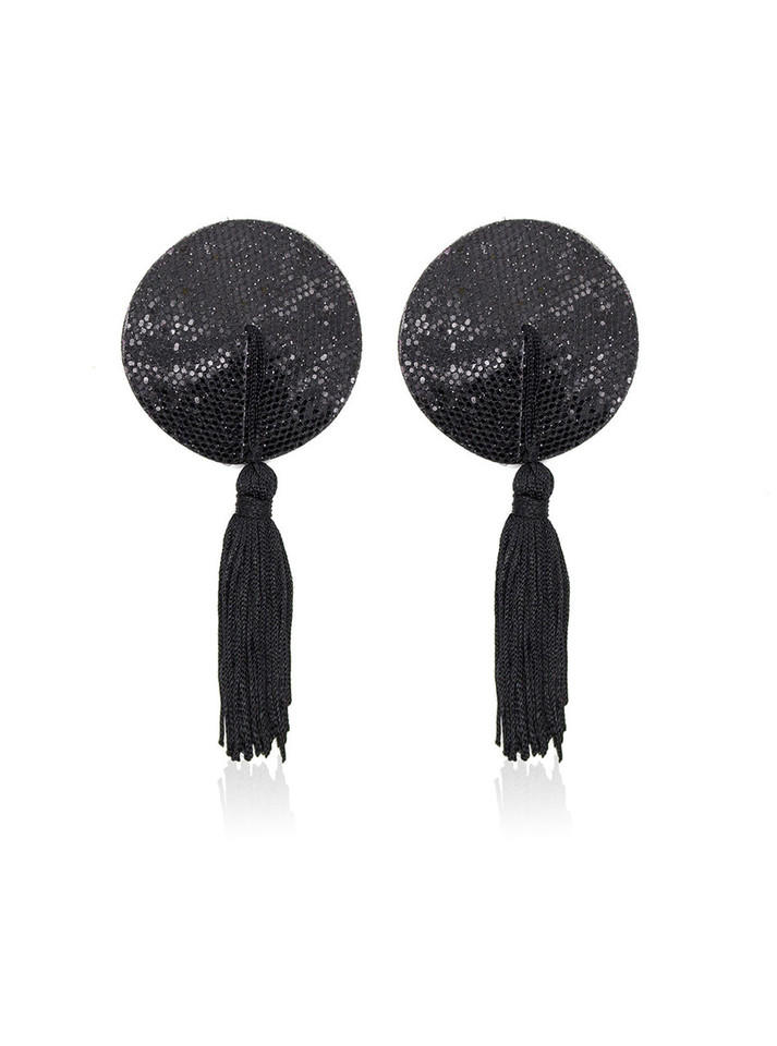 Black sparkling round nipple pasties with long black tassels, 10 cm (3.9 in) diameter.