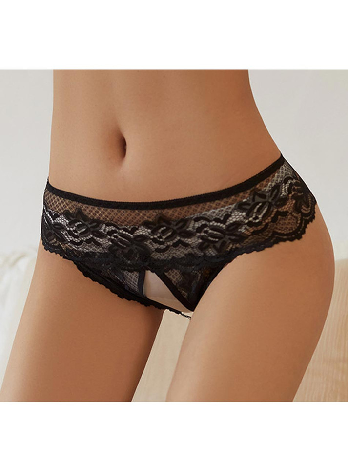 Black floral lace crotchless panties front view