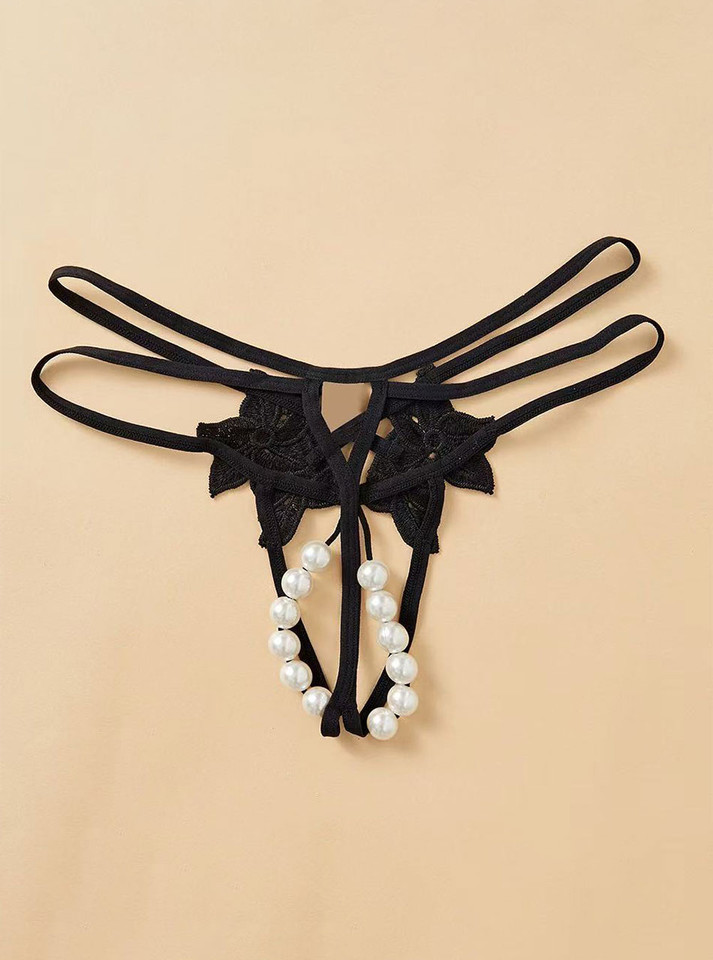 Black double pearl crotchless G-string front view