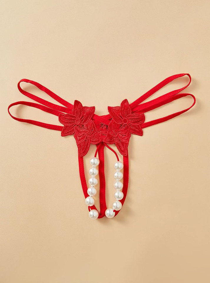 Red double pearl crotchless G-string front view