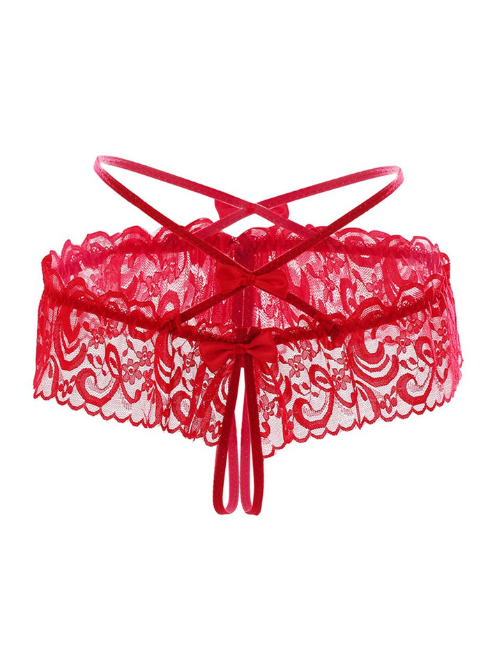 Red criss-cross lace crotchless panties with bows