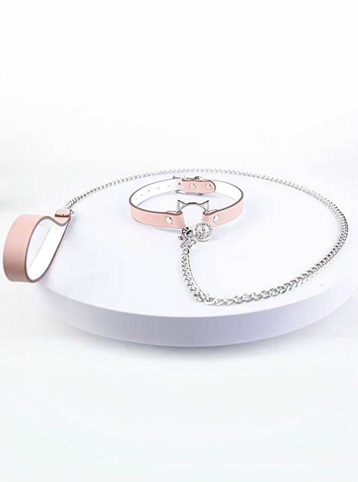 Pink cat ear bell collar + silver chain leash set