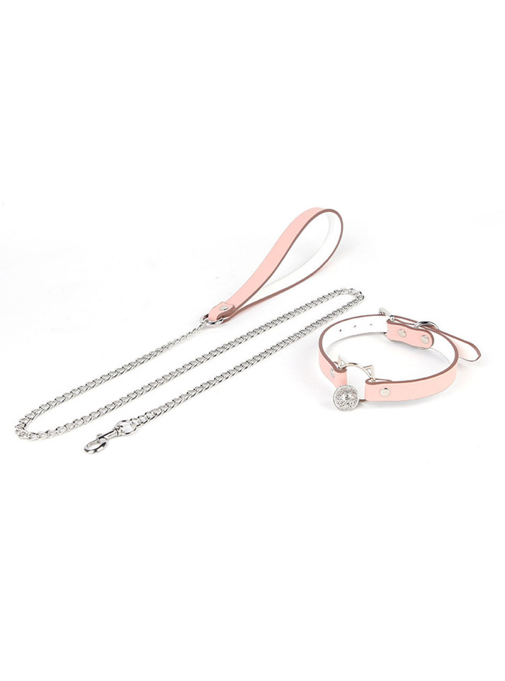 Pink cat ear bell collar + silver chain leash flat view