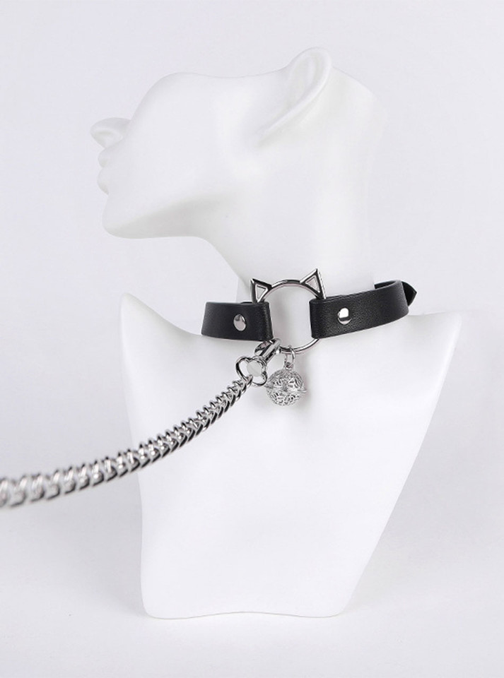 Black cat ear collar + chain leash displayed on neck form