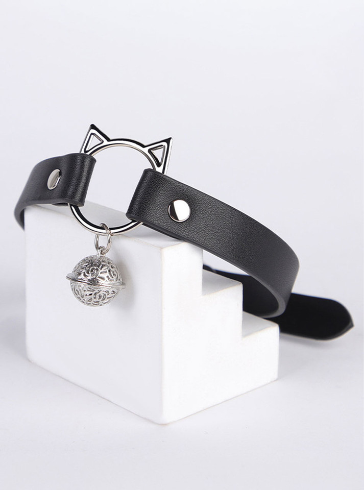 Black Faux Leather cat ear collar close-up