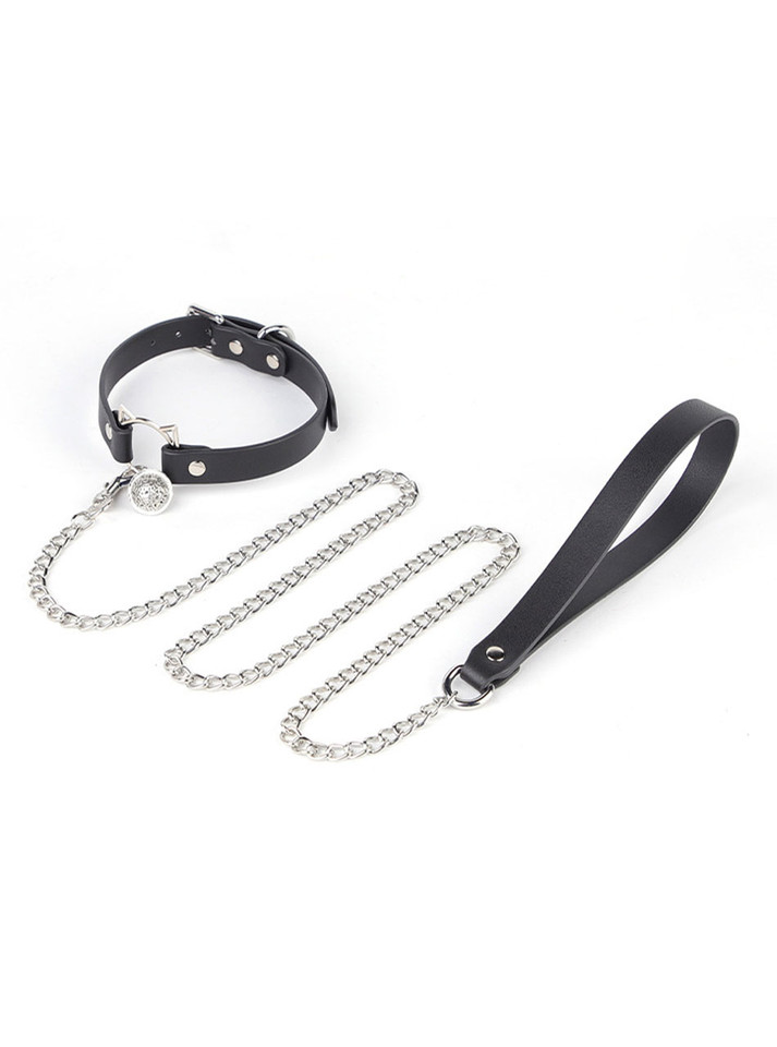 Black Faux Leather cat collar + chain leash set