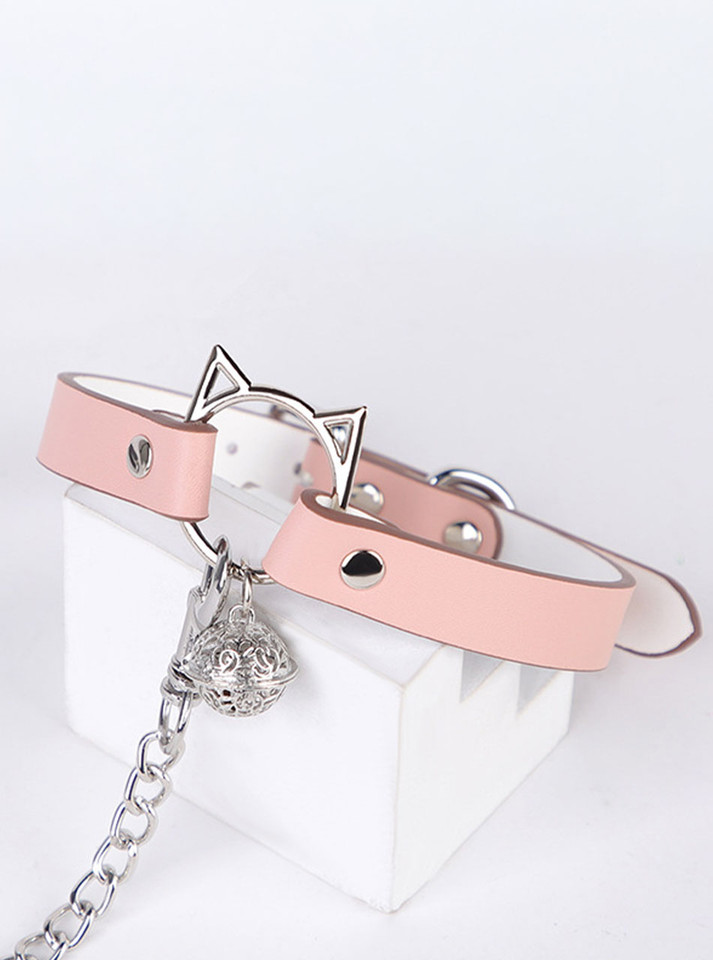 Pink Faux Leather cat ear collar close-up