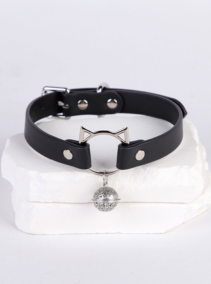 Black cat ear collar with silver bell front detail