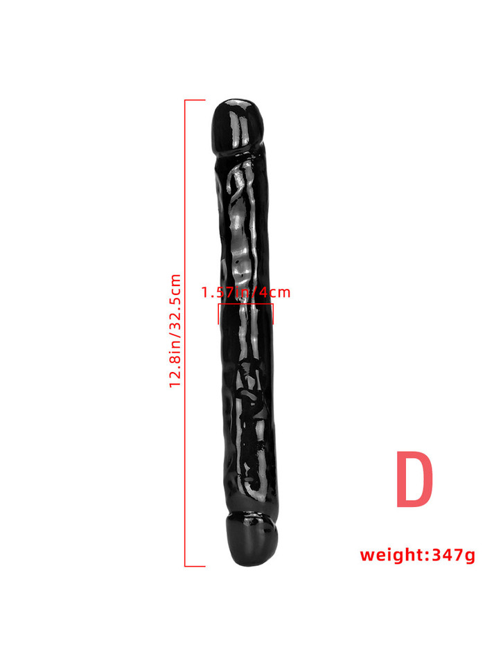 Long black double-ended PVC dildo size guide showing 32.5 cm (12.8 in) length, 4 cm (1.57 in) diameter and 347 g (12.2 oz) weight