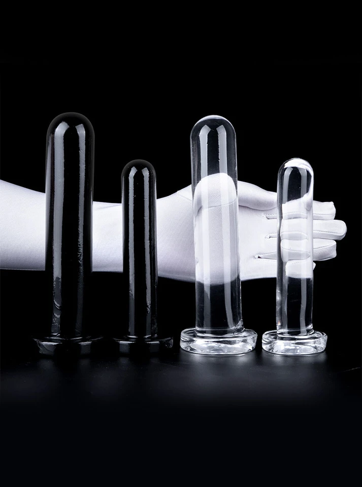 Black and clear Flexible Straight Dildos shown in different sizes against black background
