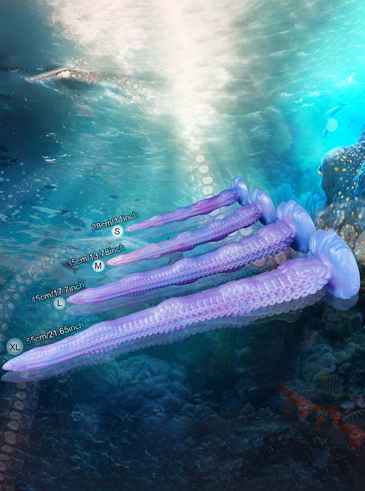 Four purple Kraken Dick Tentacle Dildos in Small, Medium, Large and XL sizes measuring 28 cm to 55 cm (11 in to 21.65 in)
