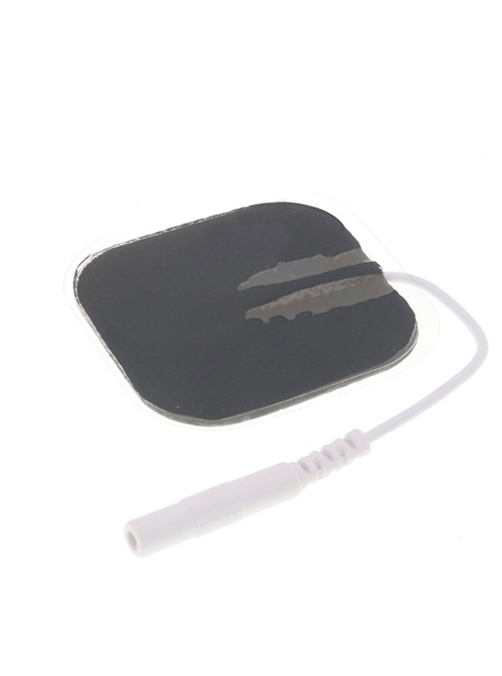 Back of reusable E-Stim conductive pad showing adhesive contact surface and connection lead