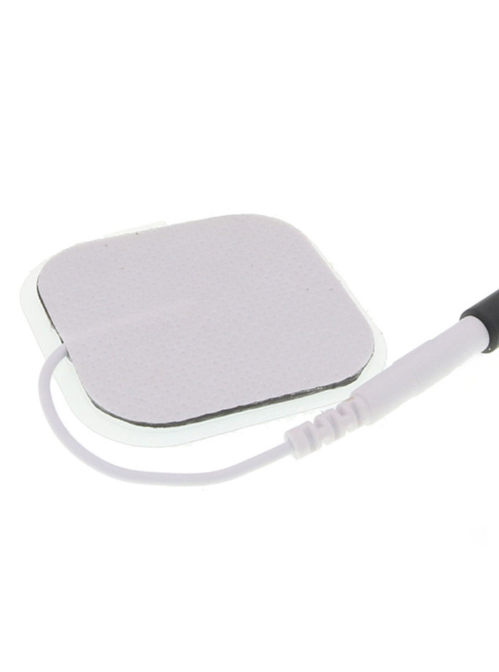 Close-up of reusable conductive E-Stim pad with attached connection socket
