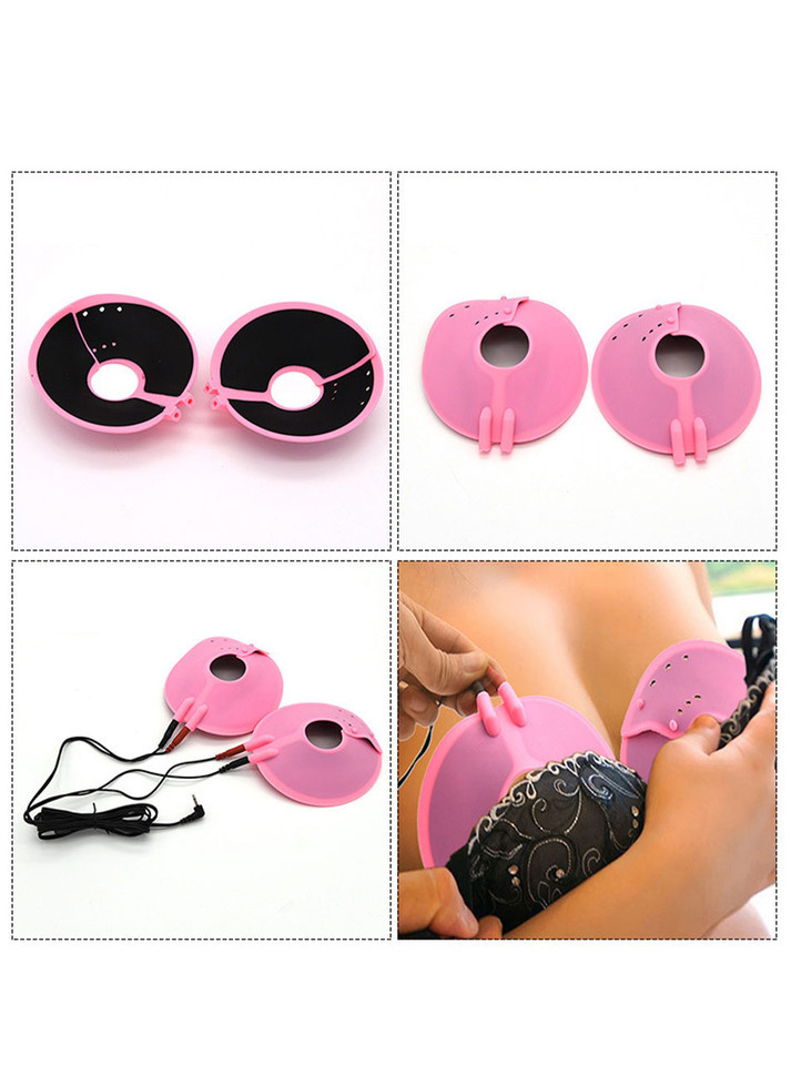 Silicone E-Stim breast pads showing conductive inner surfaces, nipple openings and breast placement