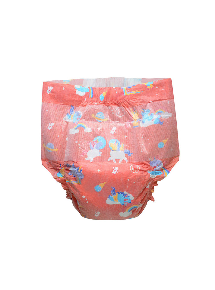 Orange ABDL diaper with space-suited unicorns, asteroids, and rainbows, offering a fun cosmic theme for ABDL enthusiasts.