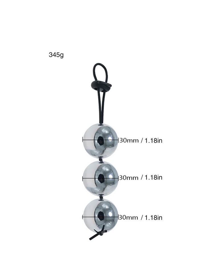 Size chart for 3 ball large penis lasso showing 345 g weight and 30 mm (1.18 in) ball diameter