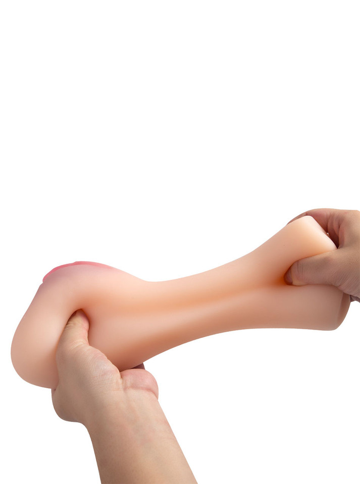 Cherry light skin TPE pocket pussy stretched by hand to show flexible body