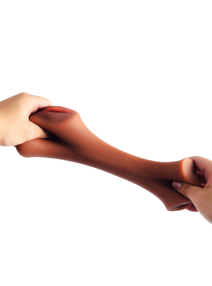 Flexible Black pocket pussy masturbator stretched between two hands