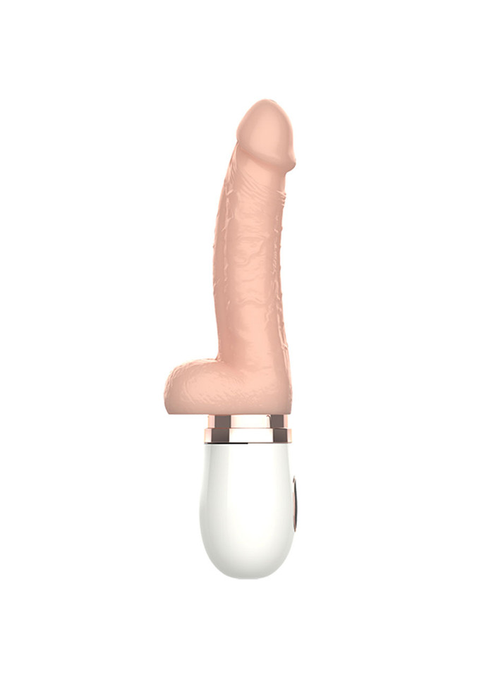 Side view of flesh-coloured 140 mm (5.5 in) automatic thrusting dildo