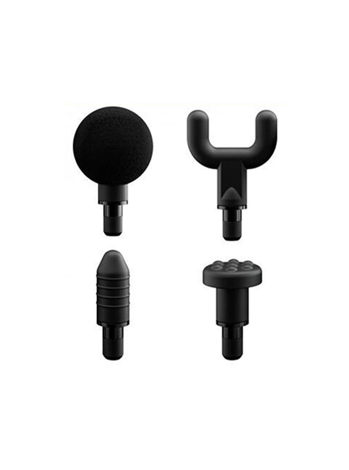 2-in-1 automatic thrusting sex toy shown with four interchangeable black massage attachments