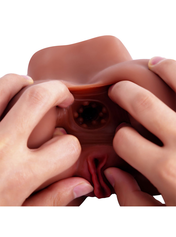 Deep brown TPE masturbator opened to display the raised texture inside the anal canal
