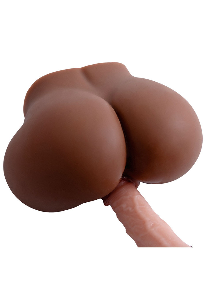 Nadia dark skin tone dual-hole masturbator demonstrating anal penetration