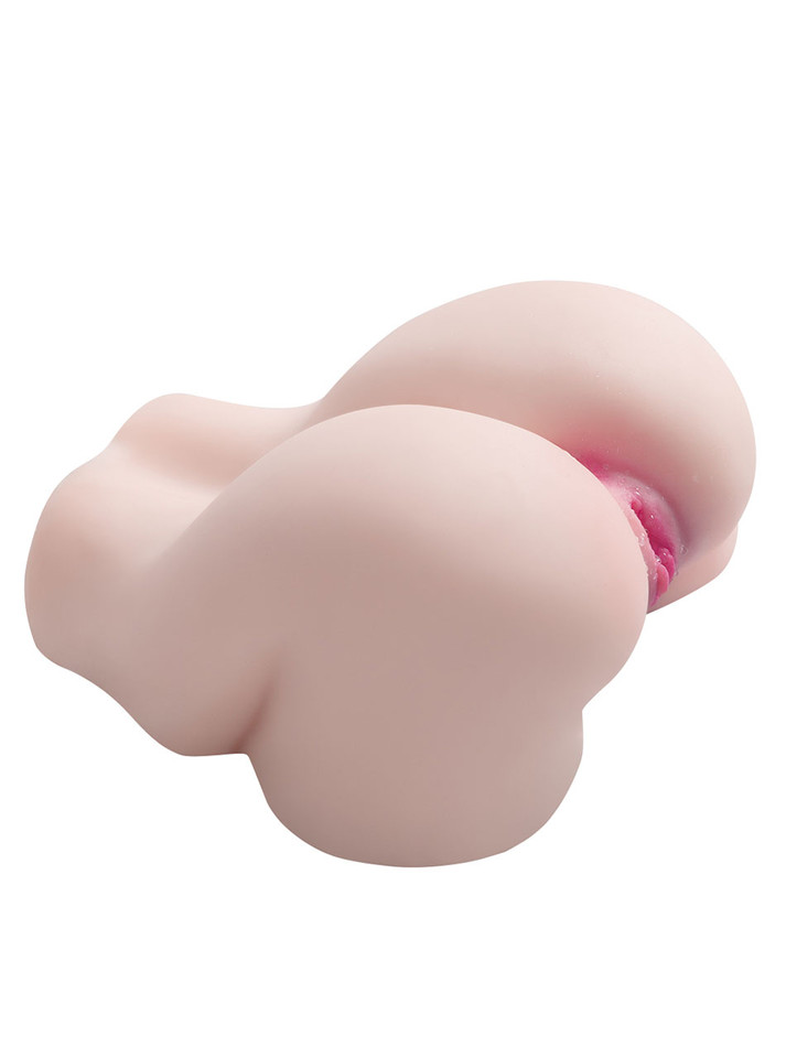 Low-angle view of Sienna light skin tone masturbator showing her round bubble butt and detailed pink pussy