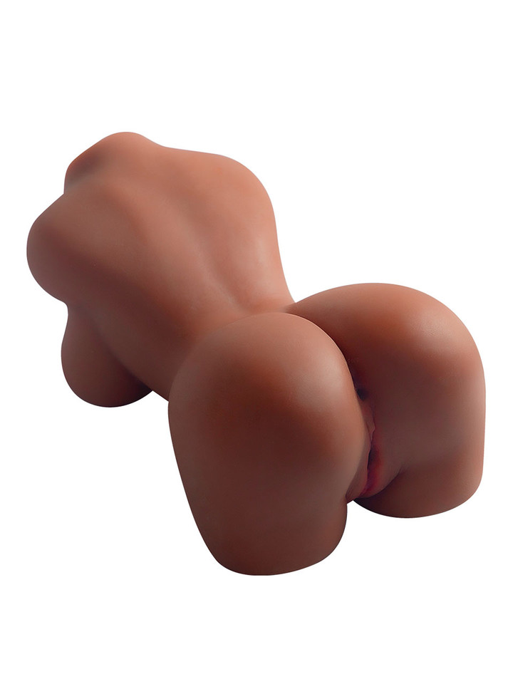 Angled rear view of Ayana tan busty torso masturbator showing her rounded buttocks and two entrances