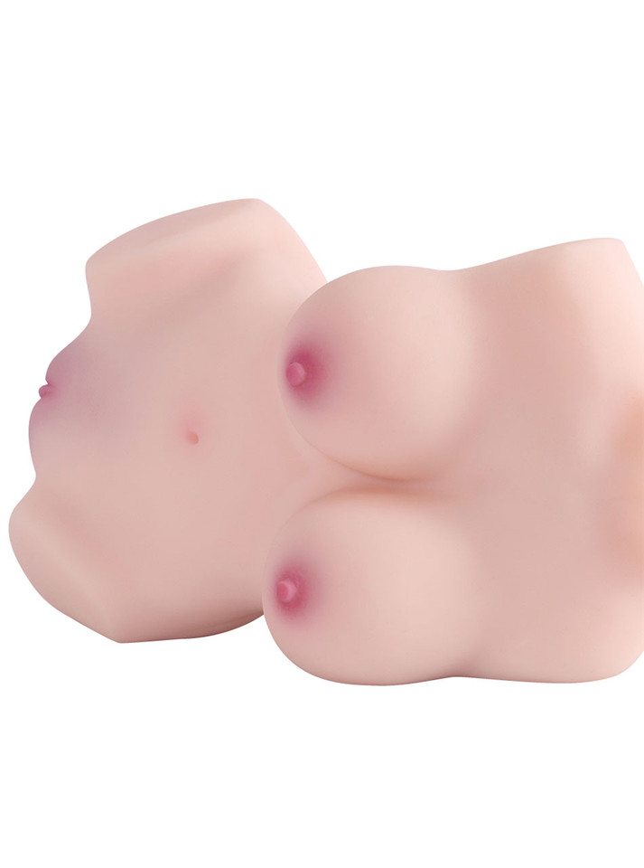 Angled upper view of Kendra XL torso masturbator showing her full breasts and soft curved stomach