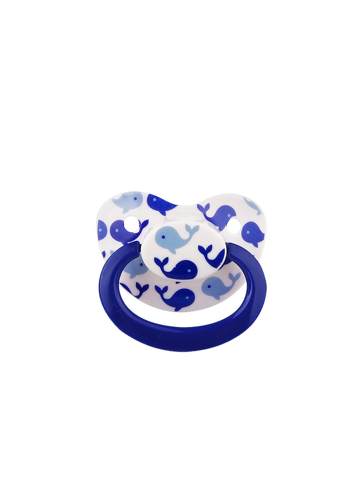 Adult baby pacifier with a cute whale pattern and purple handle, designed for comfort and style in the ABDL community.