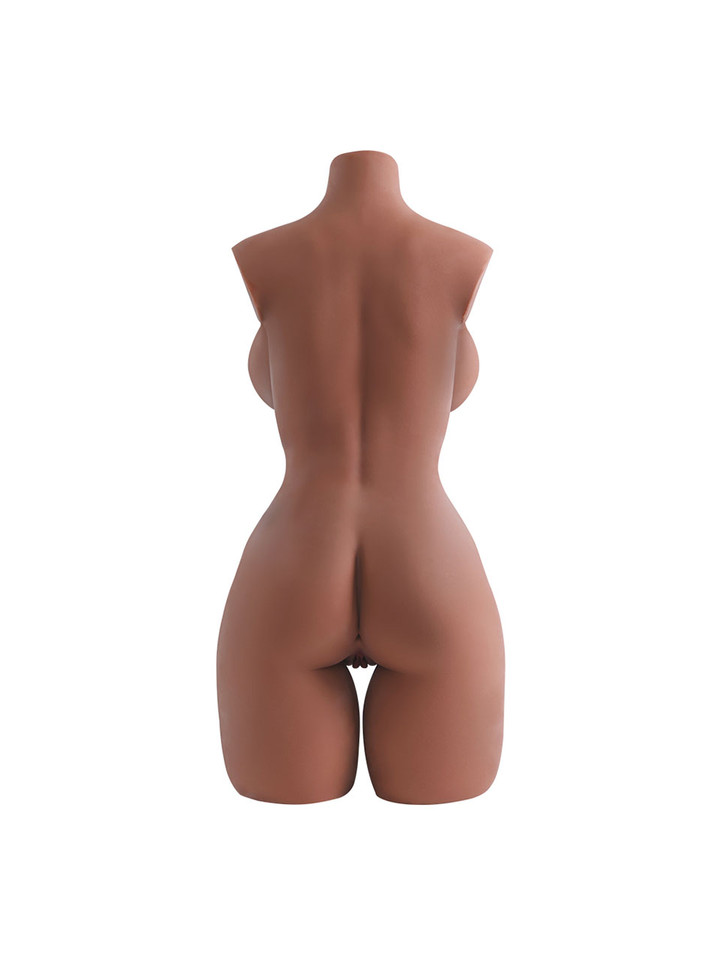 Rear view of Mercedes brown skin torso sex doll showing her rounded ass