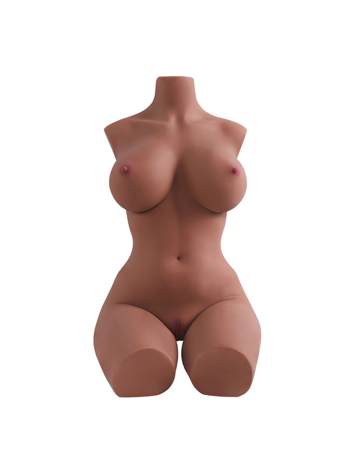 Mercedes brown skin torso sex doll seated on a white background