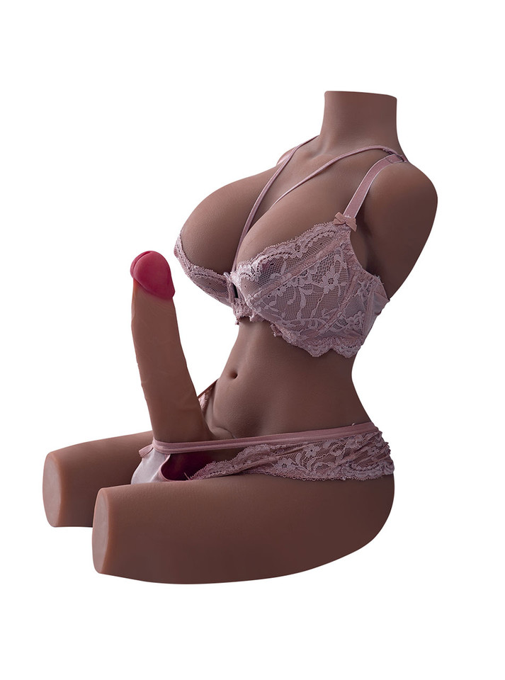 Tan busty ladyboy torso doll wearing pink lingerie with 19 cm (7.5 in) penis